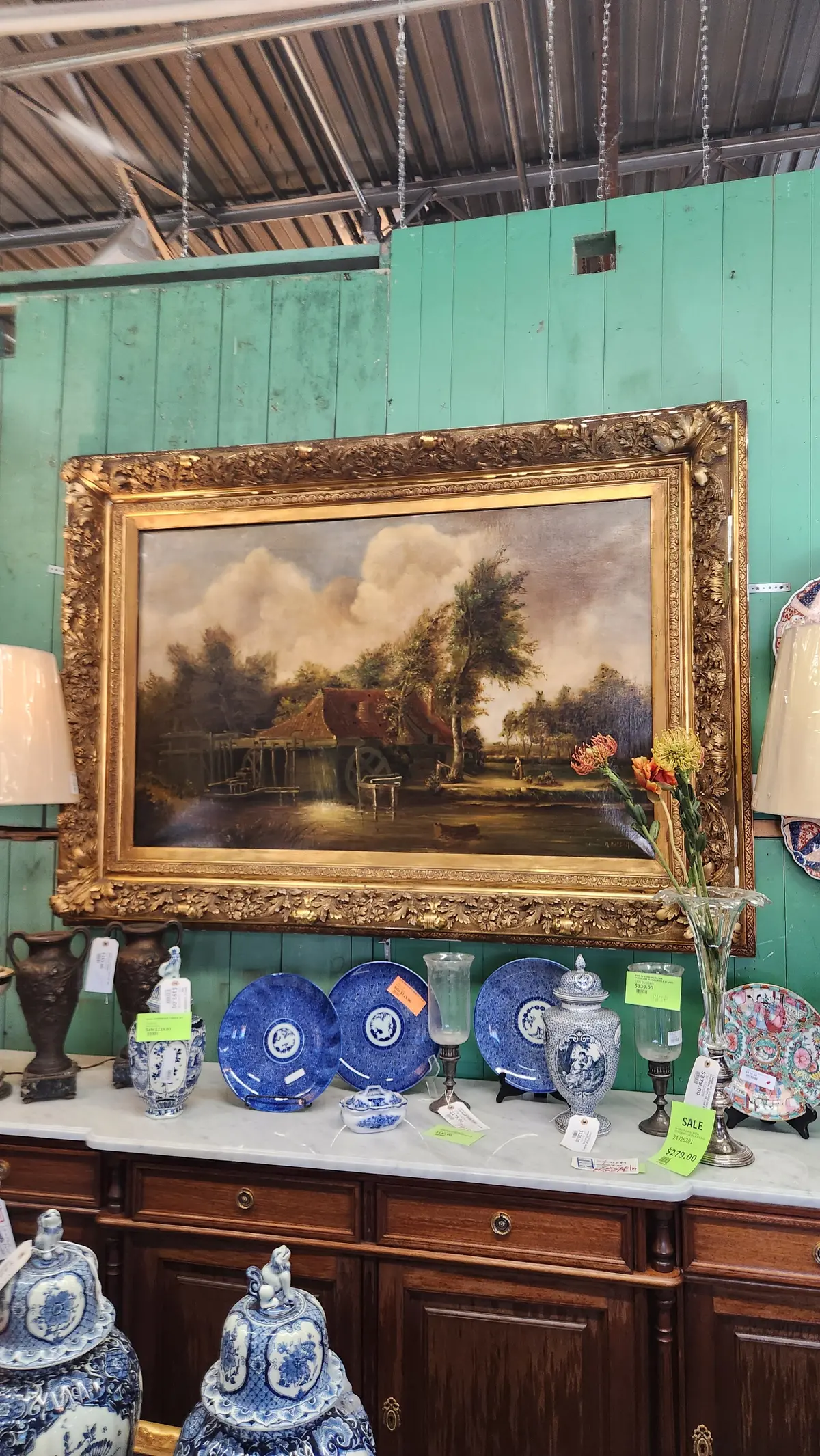 Large Water Mill Oil Painting In Ornate Gold Frame 1