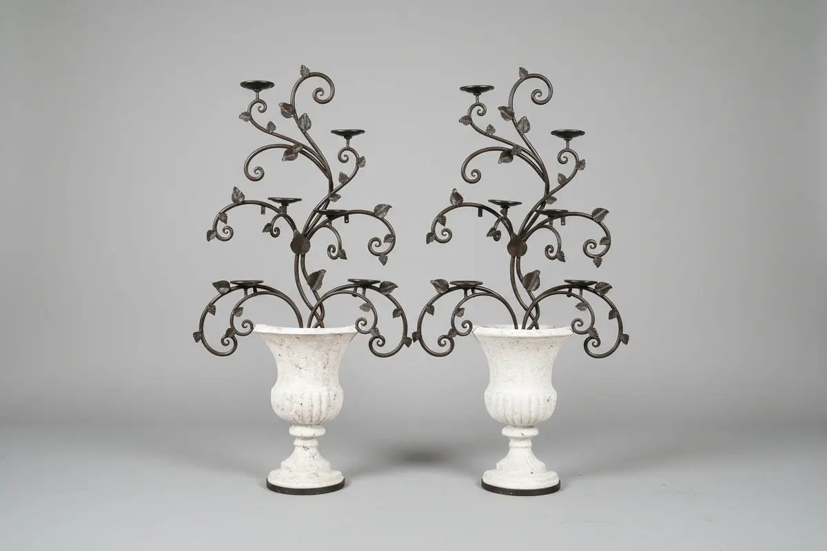 Pair Of Large Composition Iron Planters With Candle Stands 1