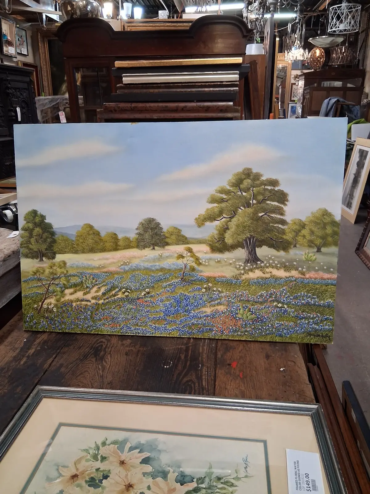 Framed Bluebonnet Oil Painting-Signed 1