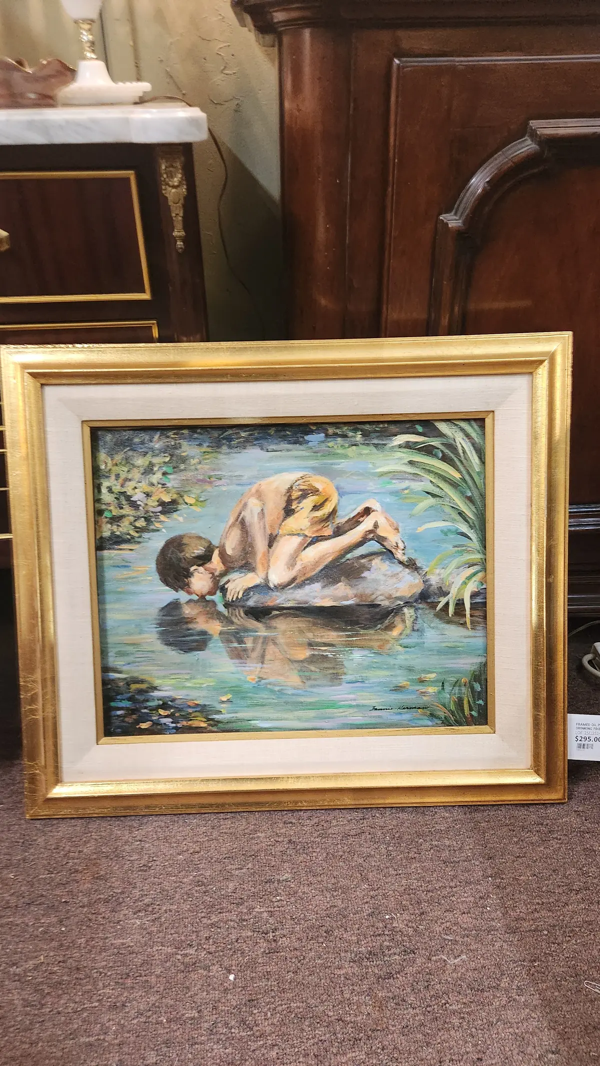 Framed Oil Painting Of A Boy Drinking From A Stream 1