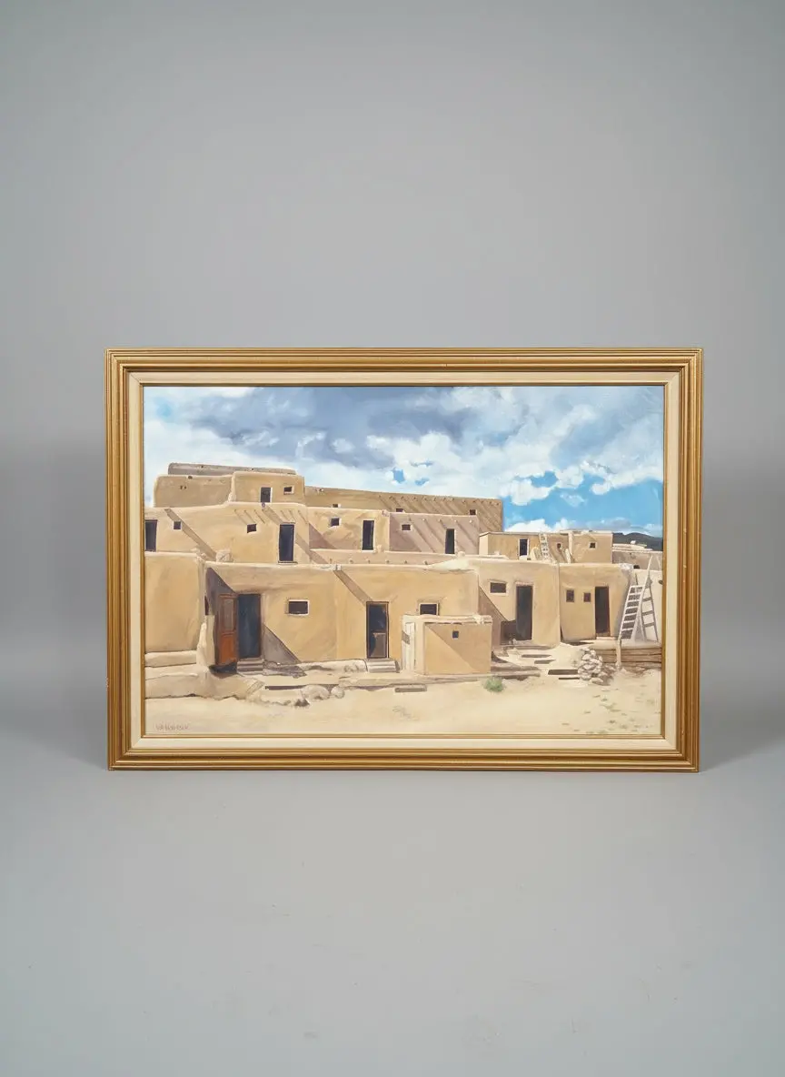 Large Framed Oil Painting Of Pueblos-Signed M Breitkopf 1