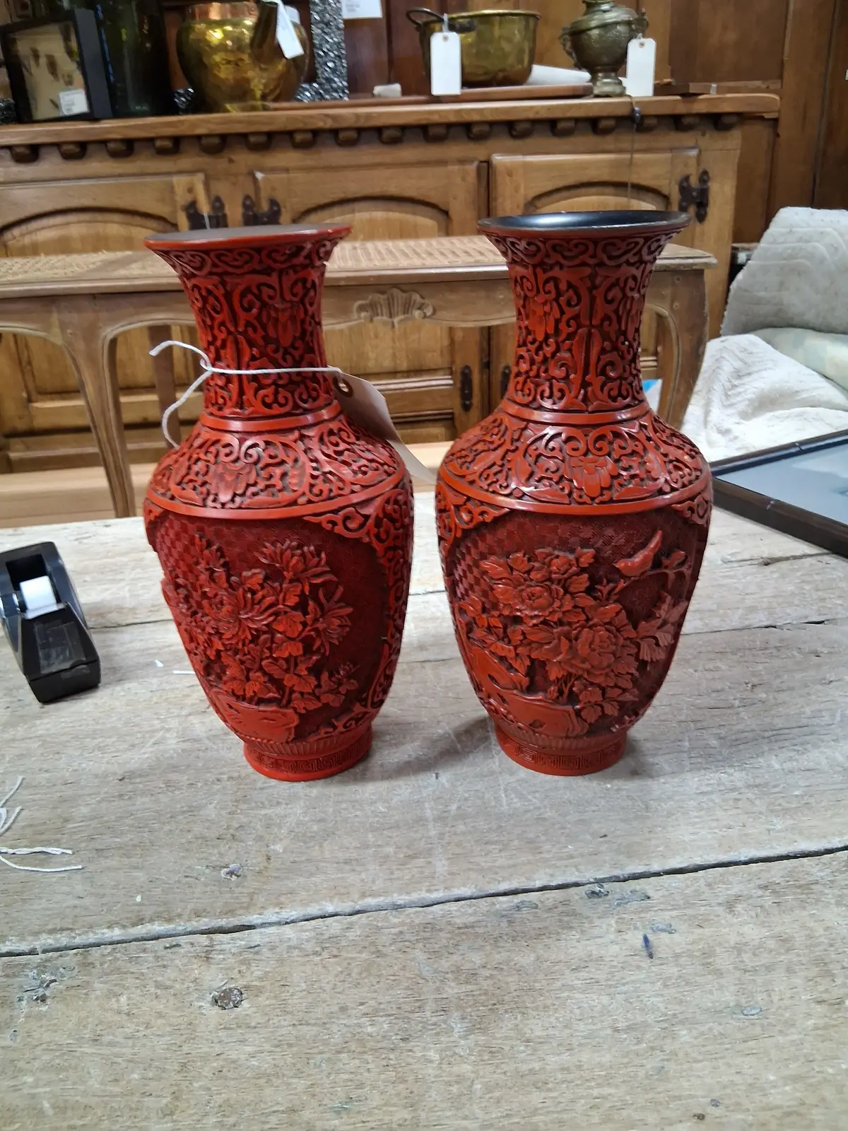 Pair Faux Cinnabar Vintage Vases 1