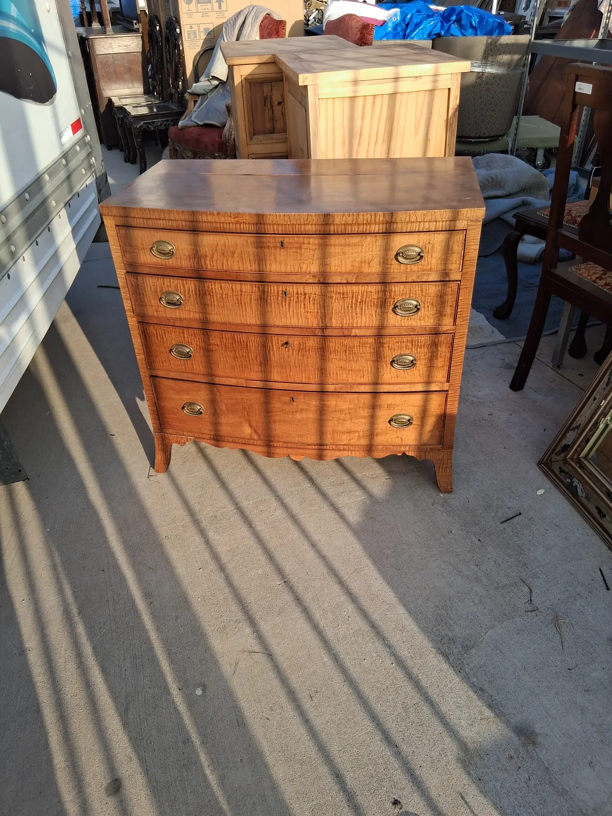 Bow Front Spalted And Tiger Maple Antique 4 Drawer Chest 1