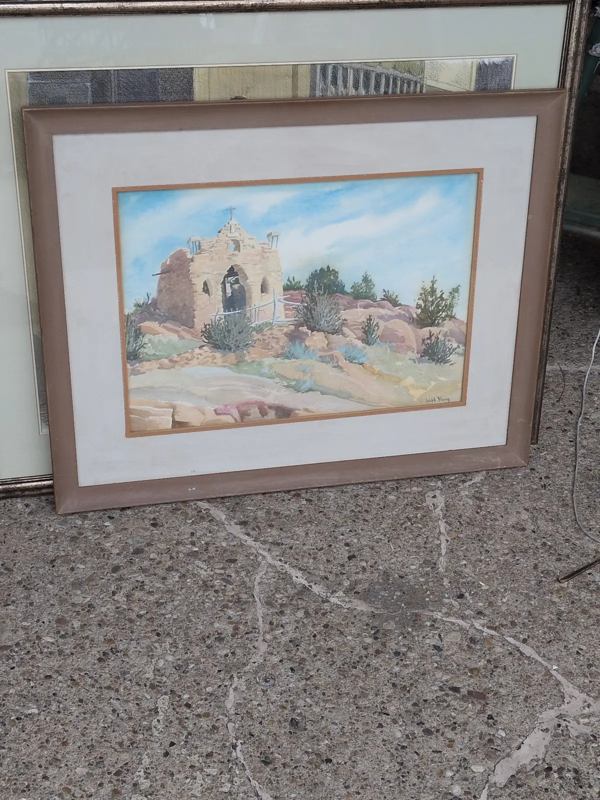 Framed Watercolor Of A Desert Church Ruins Signed Webb Young 1