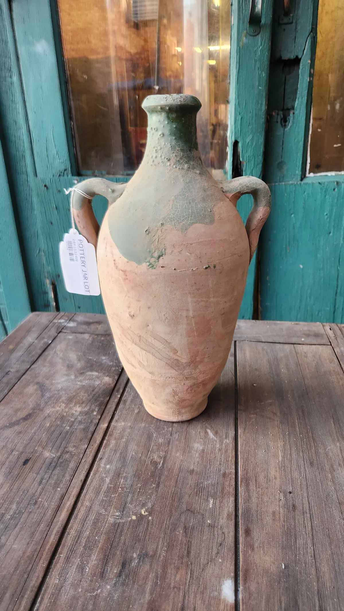 Tall Partial Green Glazed Terra Cotta 2 Handled Vase 1