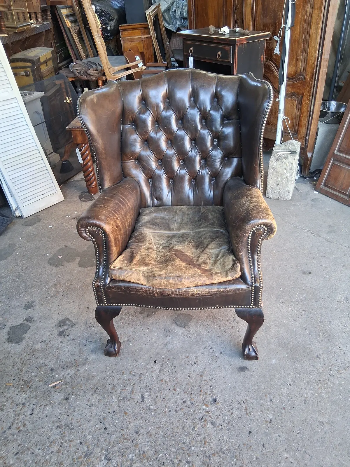 Distressed Leather Wingback Chippendale Chair 1