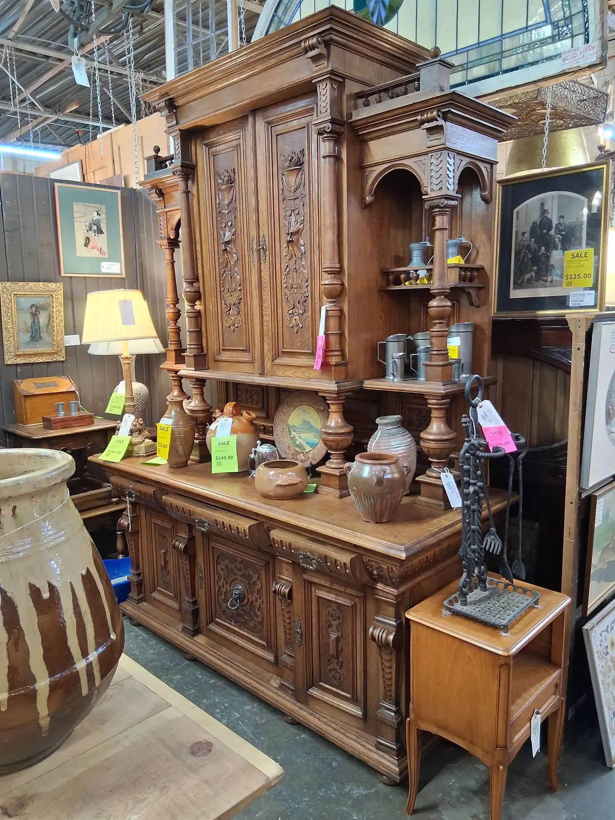 Tall Austrian Oak Buffet With Carved Green Man Doors 1