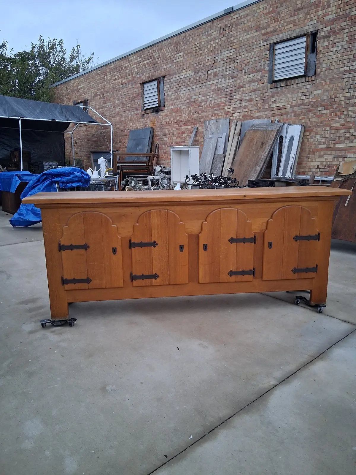 Large Rustic Oak Sideboard With Iron Hinges And Arched Doors 1