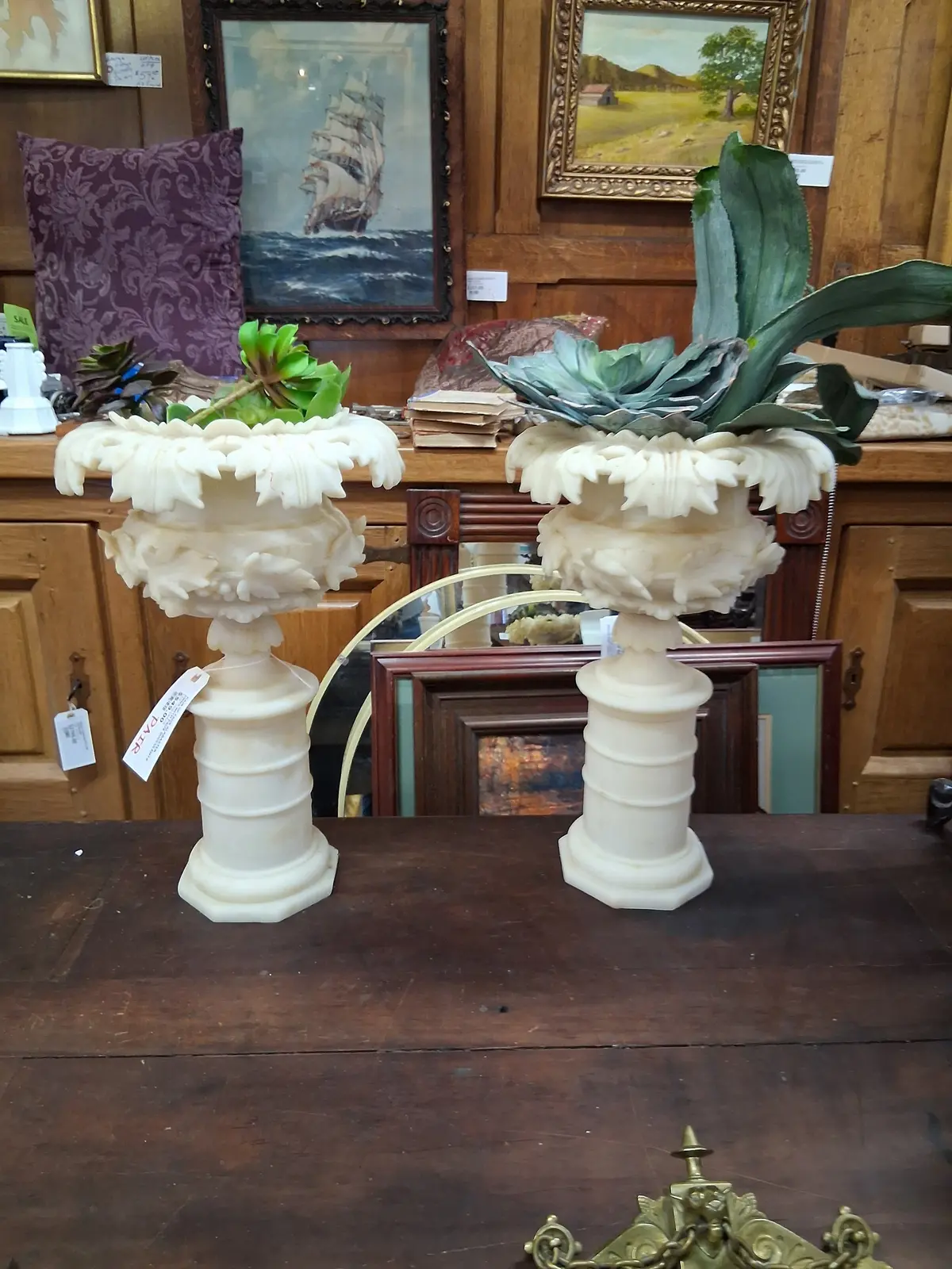 Pair Of Faux Alabaster Urns With Faux Succulents 1