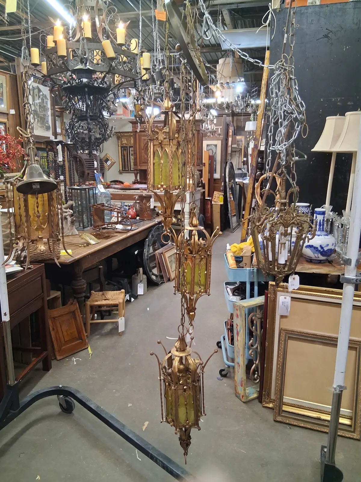 Large 3 Light Gold Metal And Glass Gothic Chandelier 1