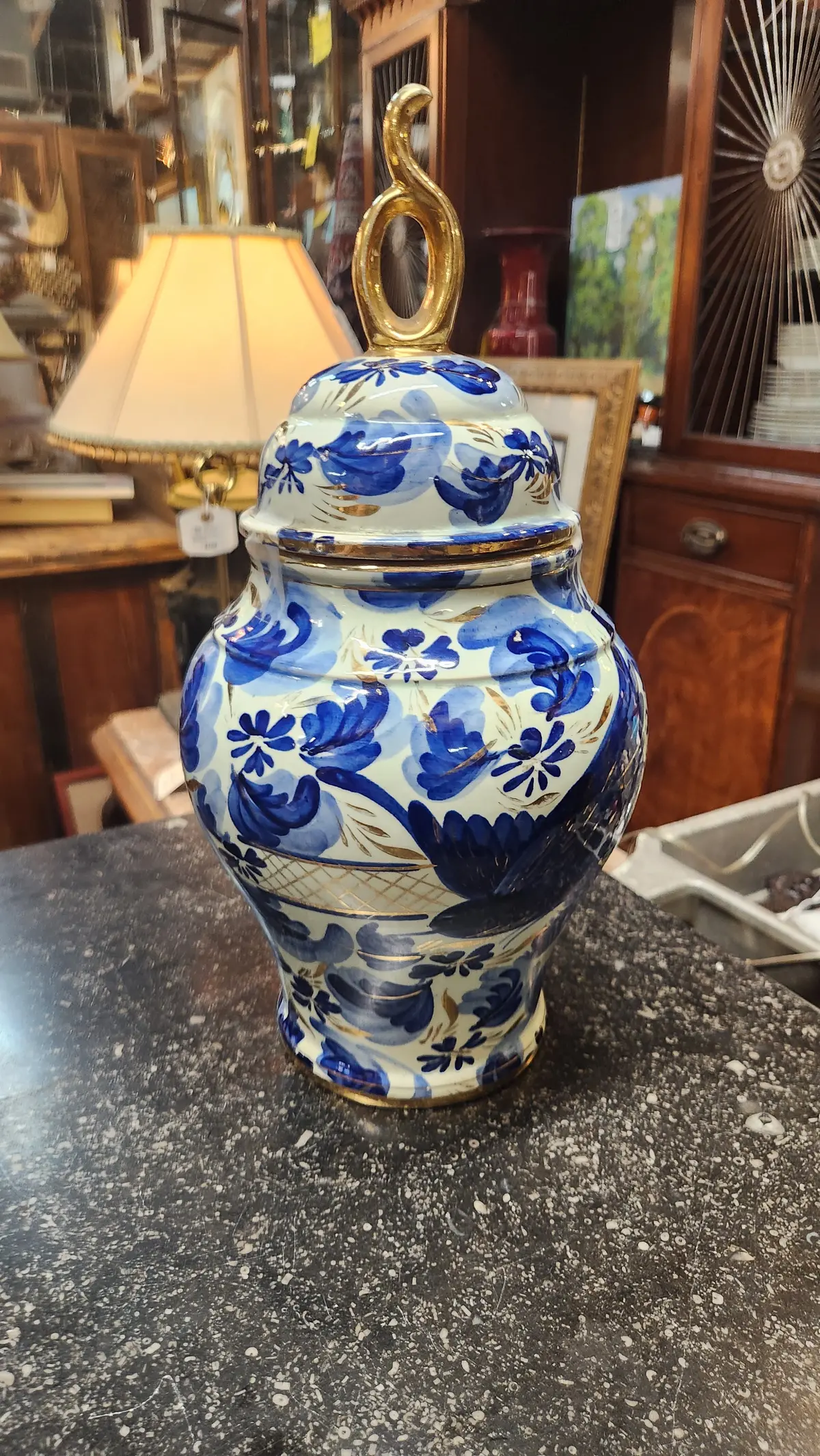 Small Blue And White With Gold Ginger Jar 1