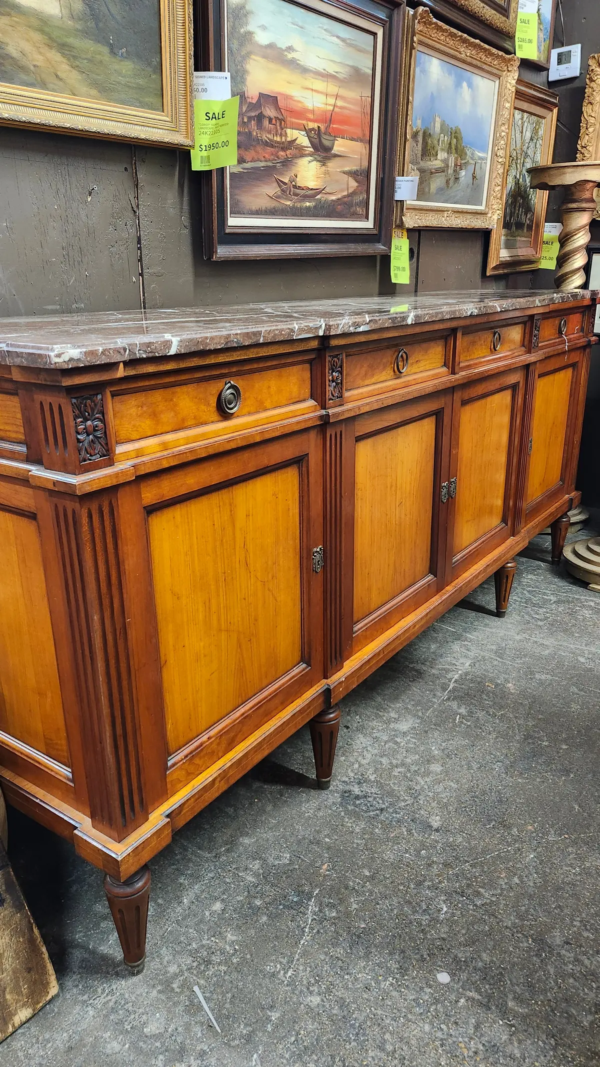 Louis Xvi Cherry Brown Marble Top 4 Door Sideboard 1
