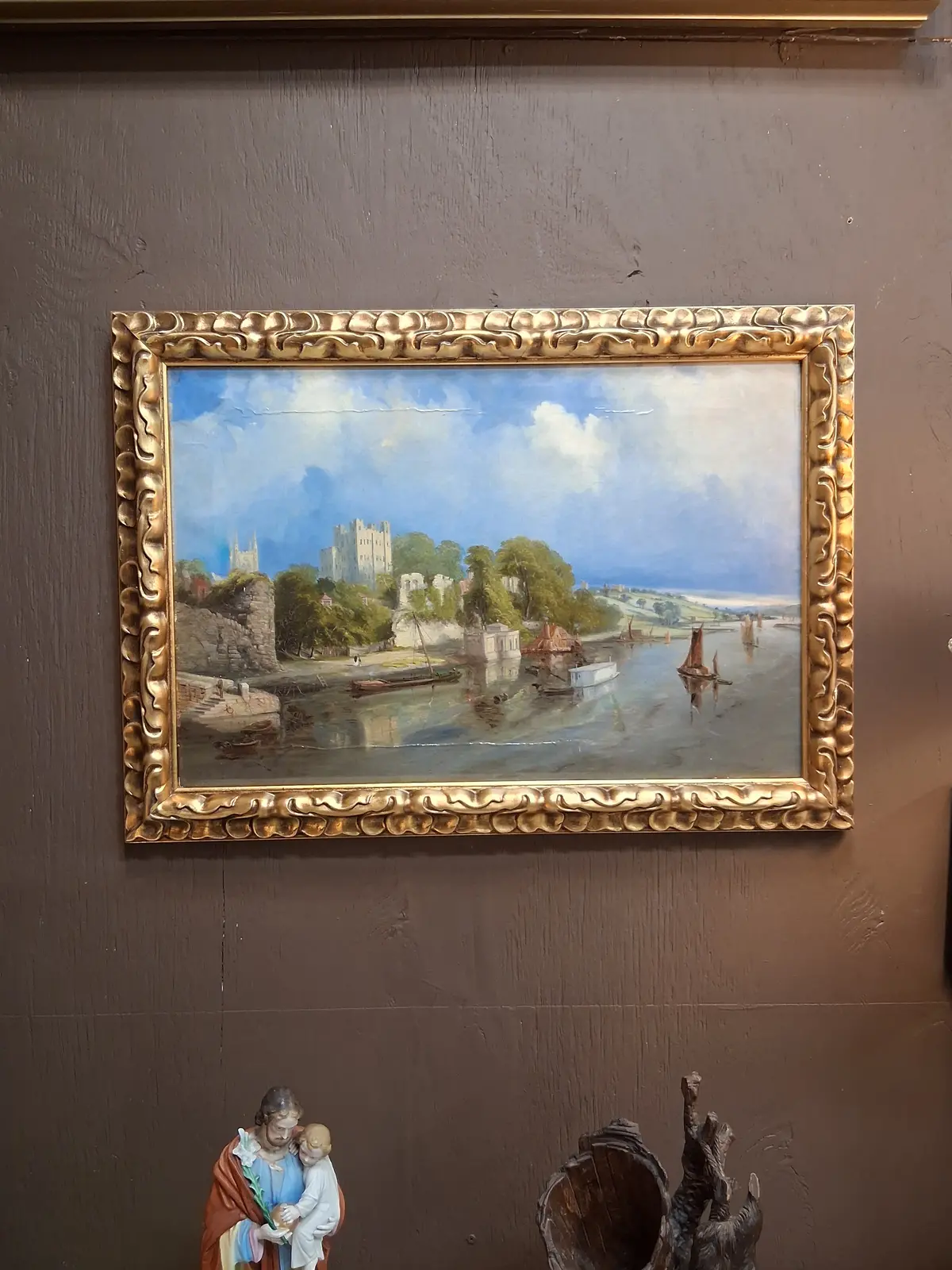 Small Gilt Framed Italian Painting Of River And Boats 1