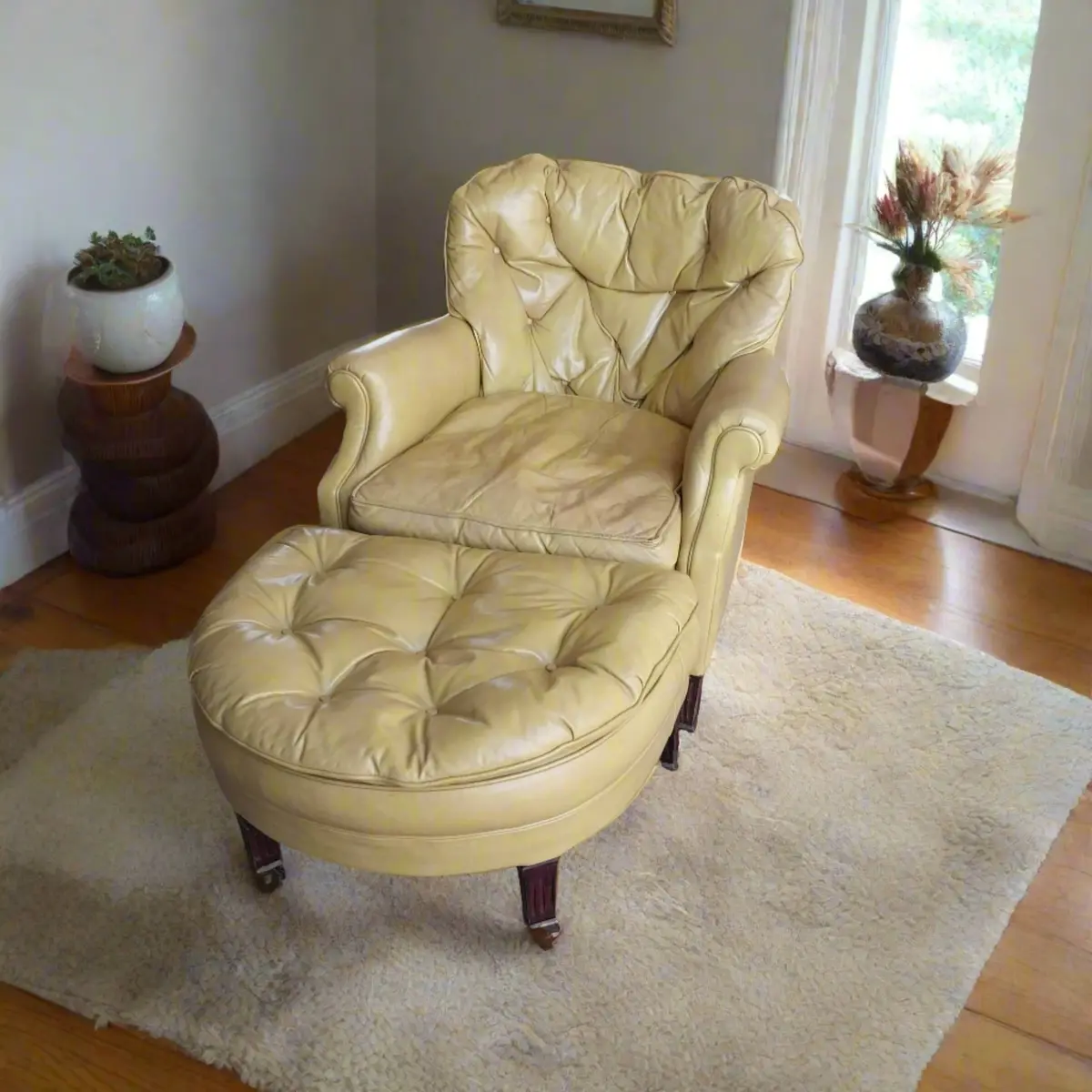 Midcentury Yellow Leather Armchair With Ottoman 1
