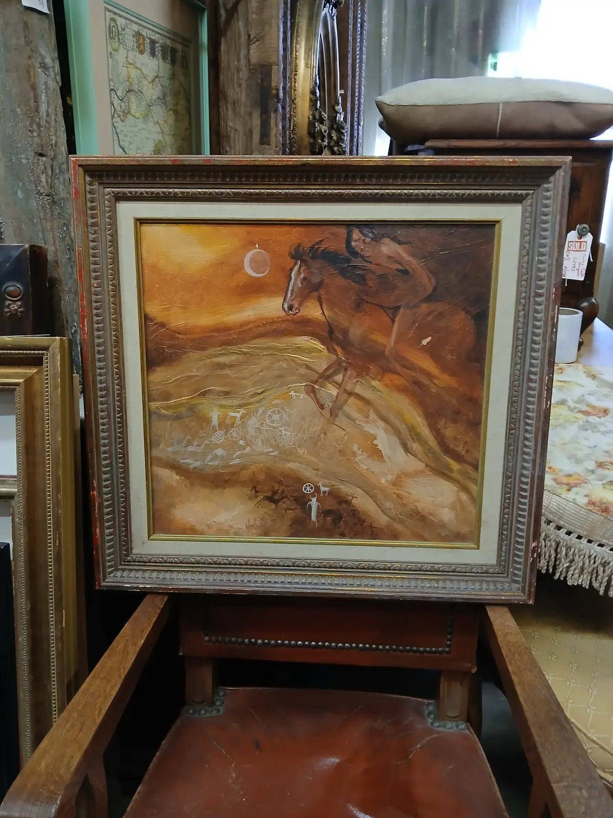 Framed Oil Painting Of An Indian On Horseback-As Found 1