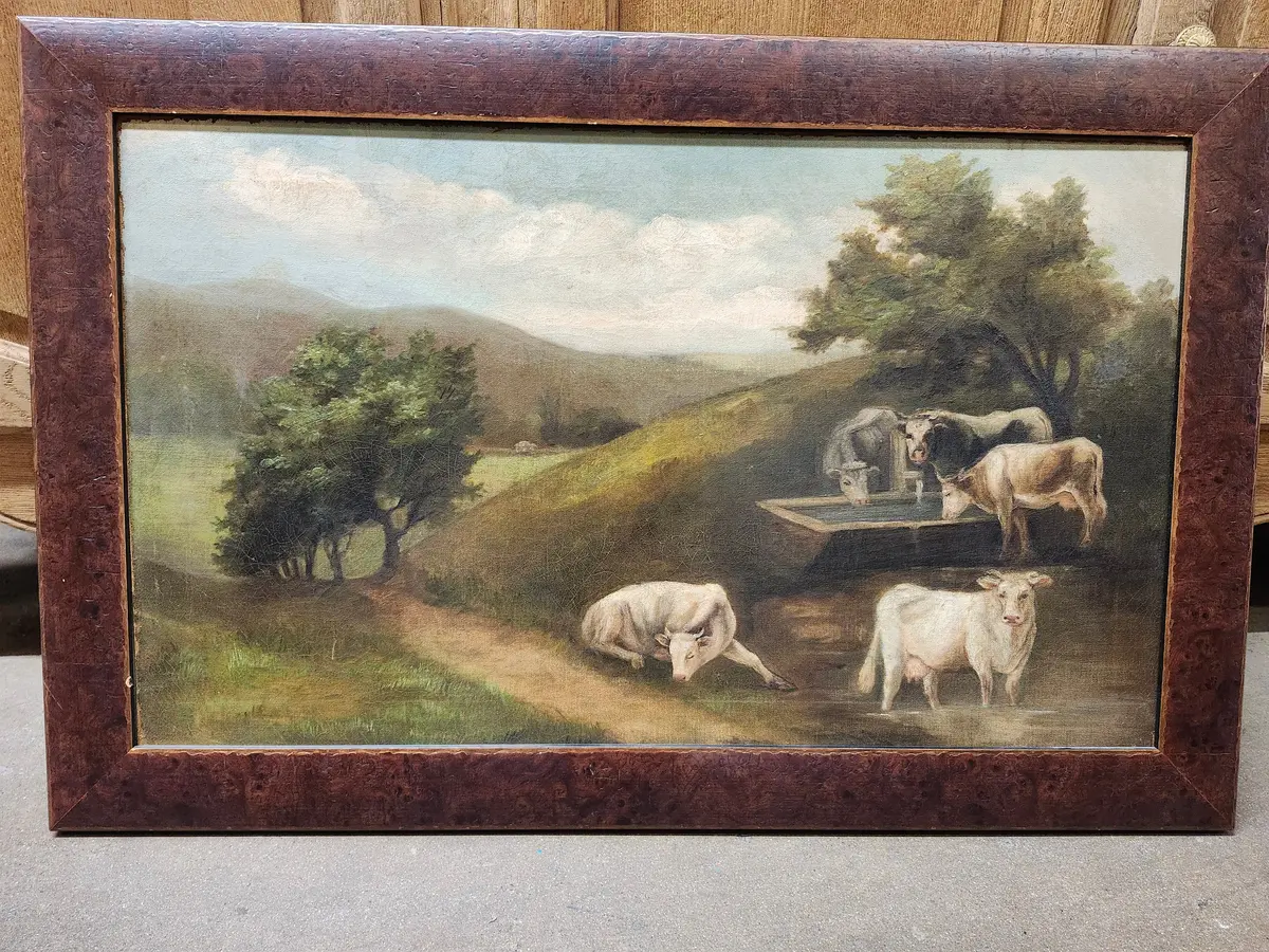 Framed Primitive Oil Painting Of Cows 1