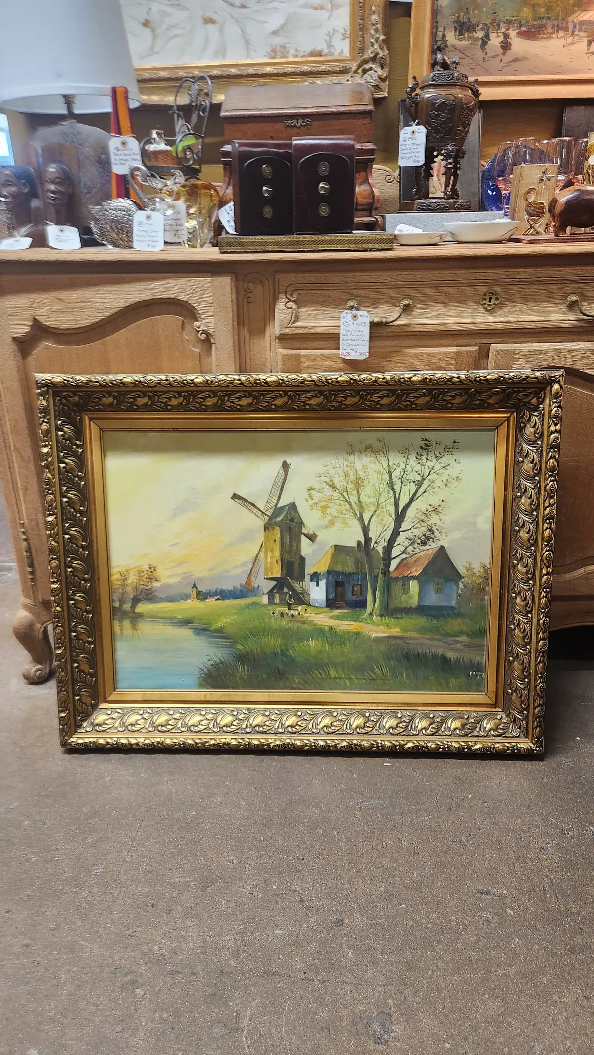 Ilarge Gilt Framed Mpressionist  Windmill Oil Painting 1
