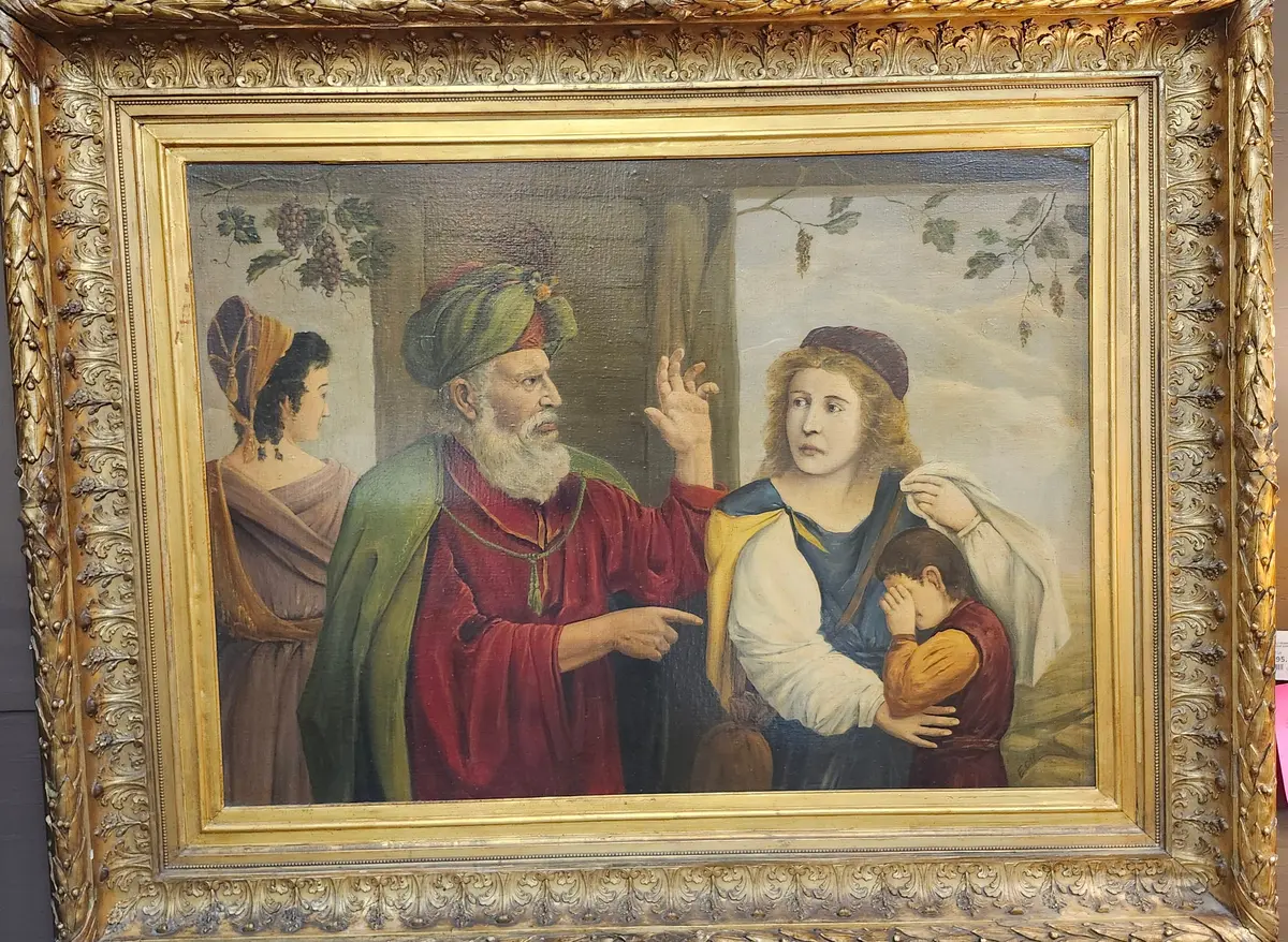 Ornate Gilt Framed Oil Painitng With Bearded Sage Admonishing Mother And Child 1