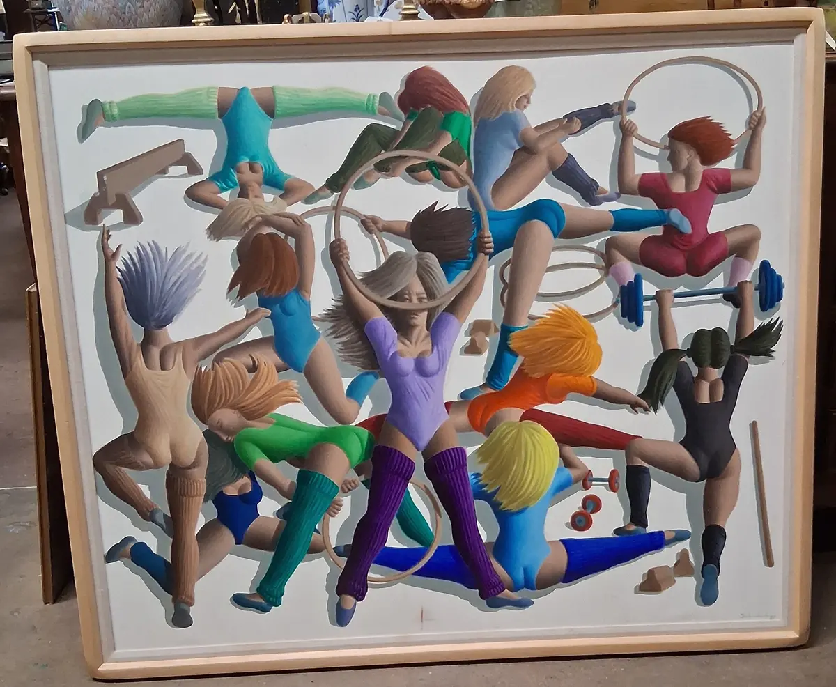 Large Framed Colorful Girl Aerobics Painting By Paolo Salvador-Italian 1
