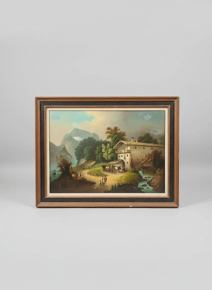 Framed German Alpine Landscape Oil Painting As Found 1