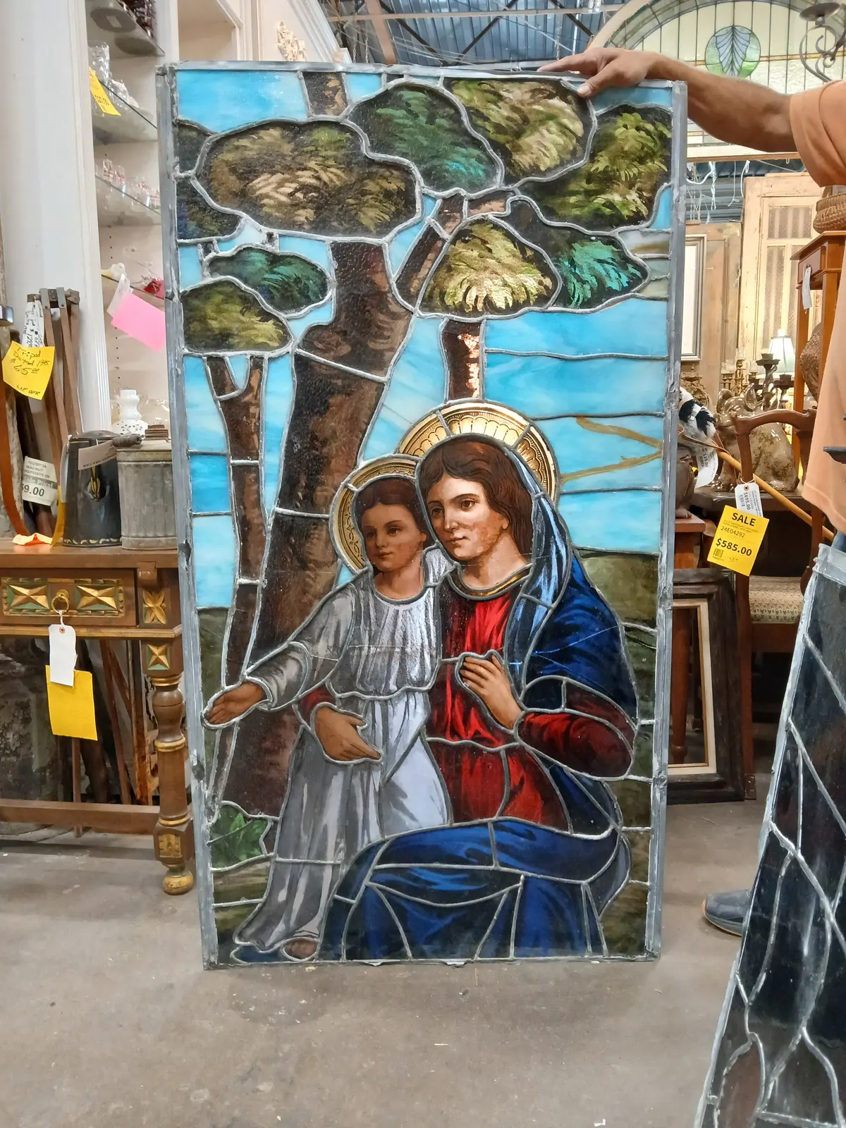 Large Painted And Stained Glass Window With Mary And Jesus As Found 1
