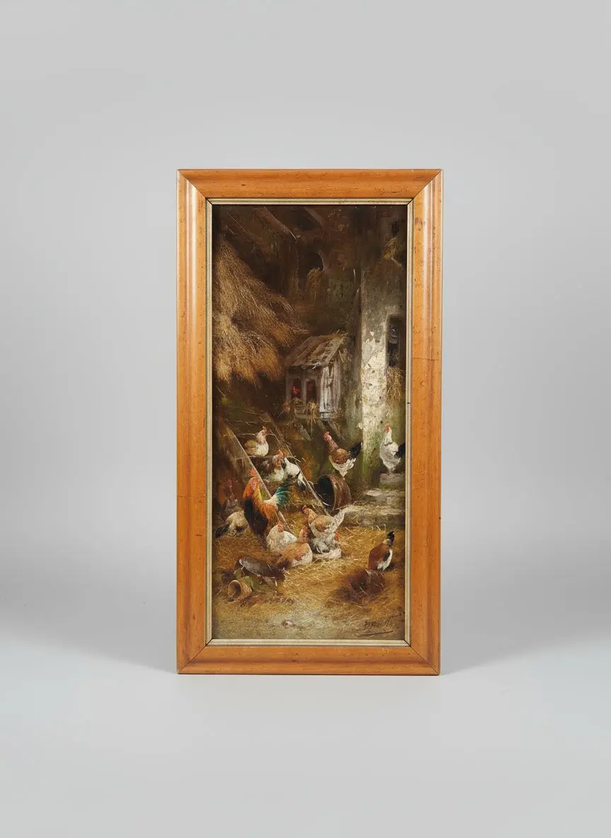 19Th Century Small Oil Painting Of Chickens- Signed Paul De Villers 1