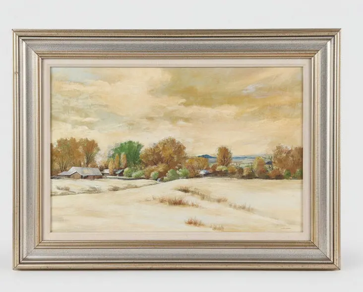 Large Framed Yellow Tone Landscape Oil Painting With Barn Signed Jackson Hensley 1