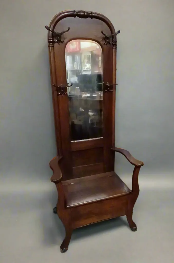 American Oak Hall Seat With Tall Arched Mirror 1