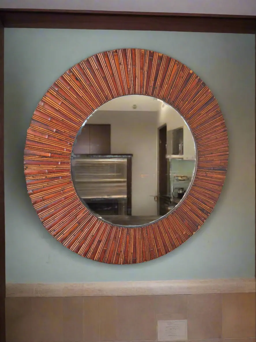 Large Round Beveled Mirror In Bamboo Frame 1