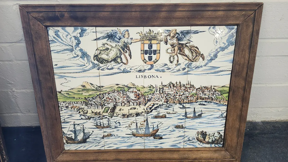 Framed Tiles Of Lisbon Portugal Boats In Harbor 1