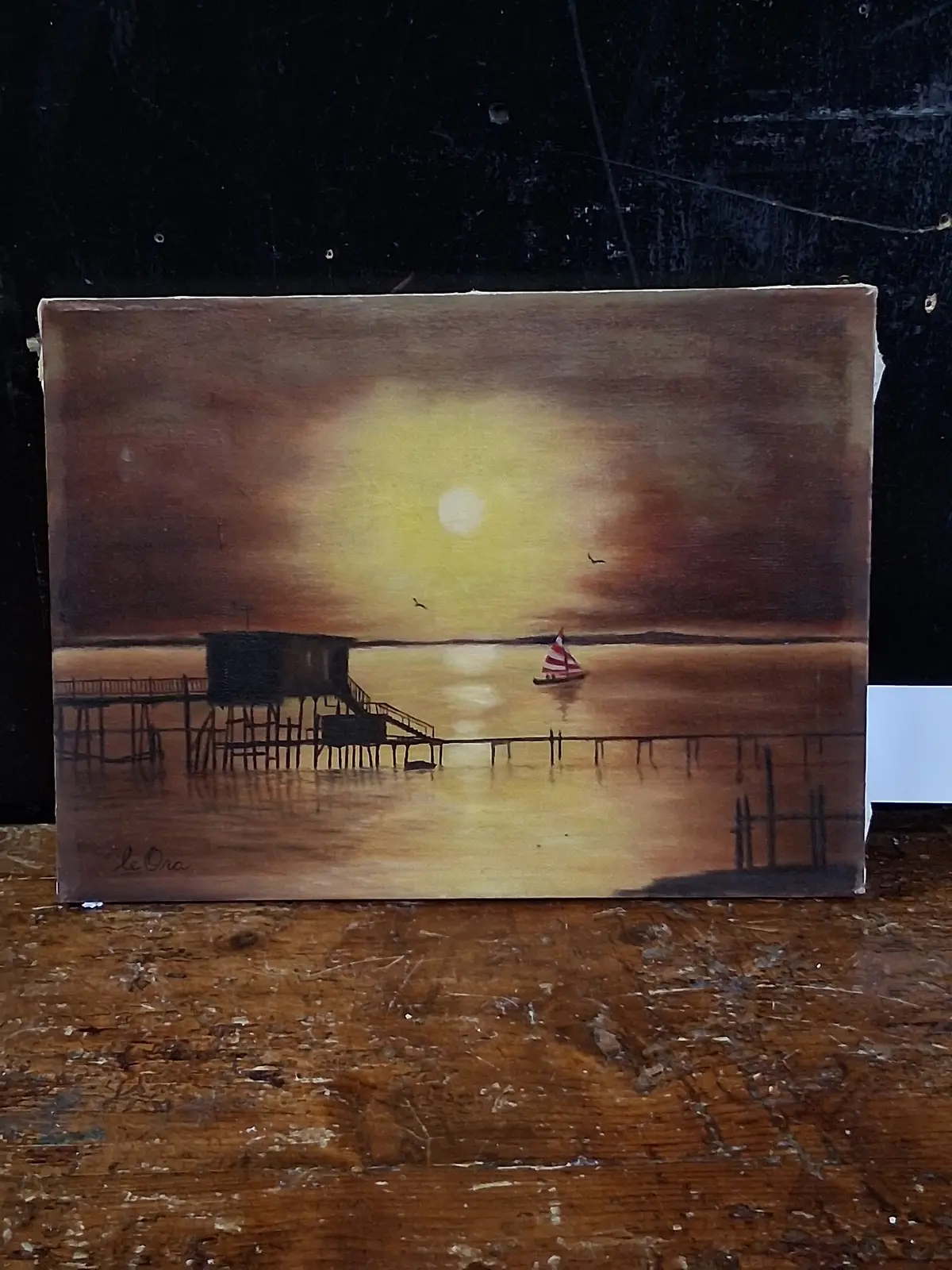 Unframed Sunset Oil Painting With Boat Signed Le Ora 1