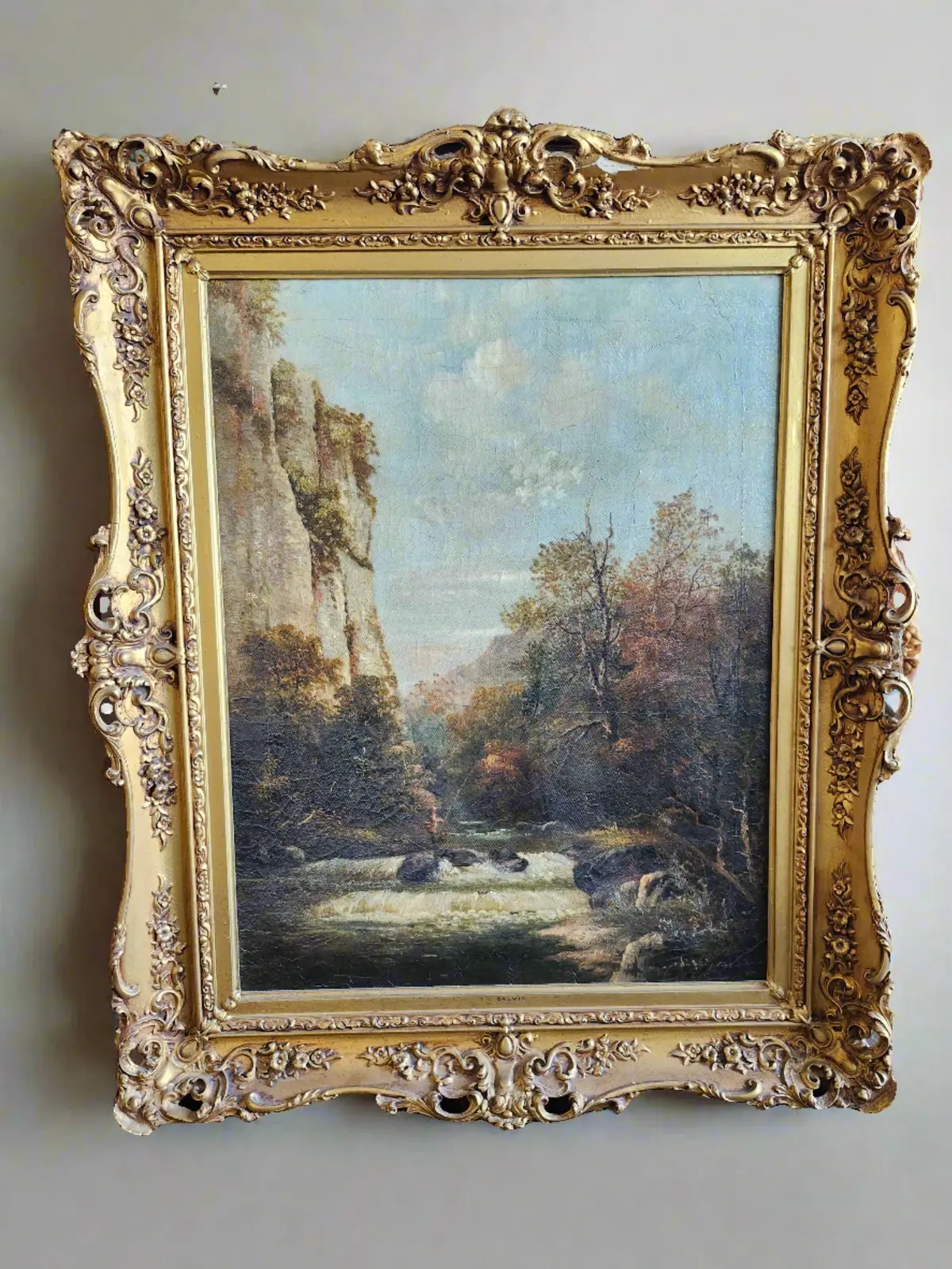 Large Late 19Th Century Vertical Landscape Painting Of Cliffs 1
