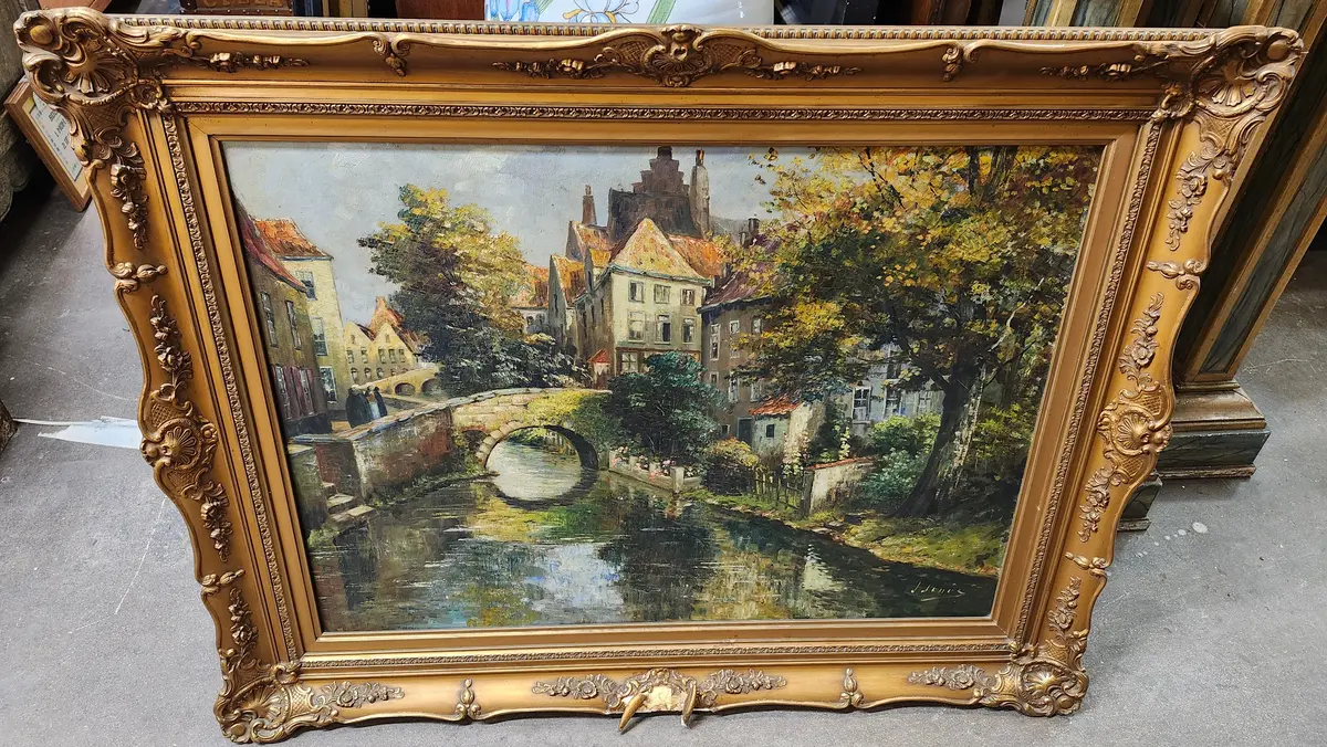 Large Framed Oil Painting Of A Canal Scene-As Found 1