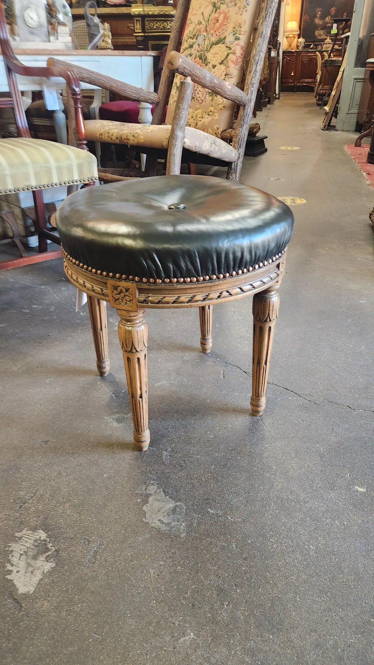 Green Leather Louis Xvi Round Ottoman 1