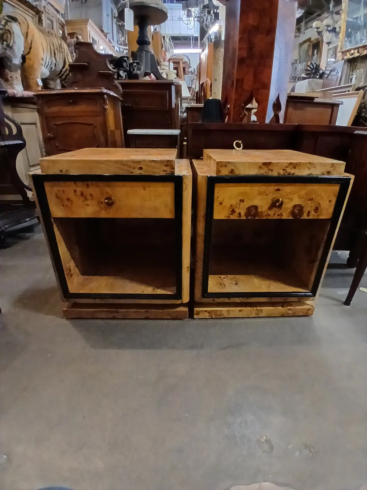 Pair Of Art Deco Birdseye Maple Side Tables With Drawers And Black Trim 1