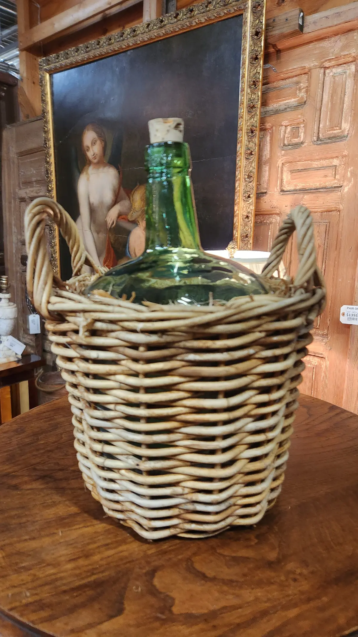 Small Green Bottle In Basket 1