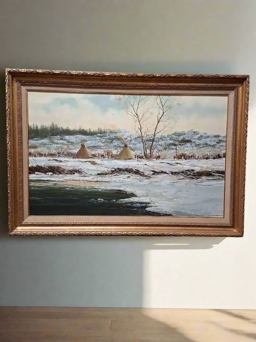 Large Gilt Framed Oil On Board Painting Of Indian Incampment Signed Thomas De Decker 1