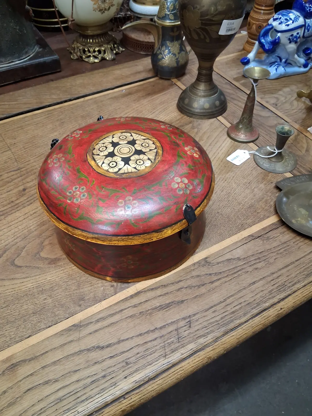 Round Indian Painted Spice Box With Bone Inlay 1