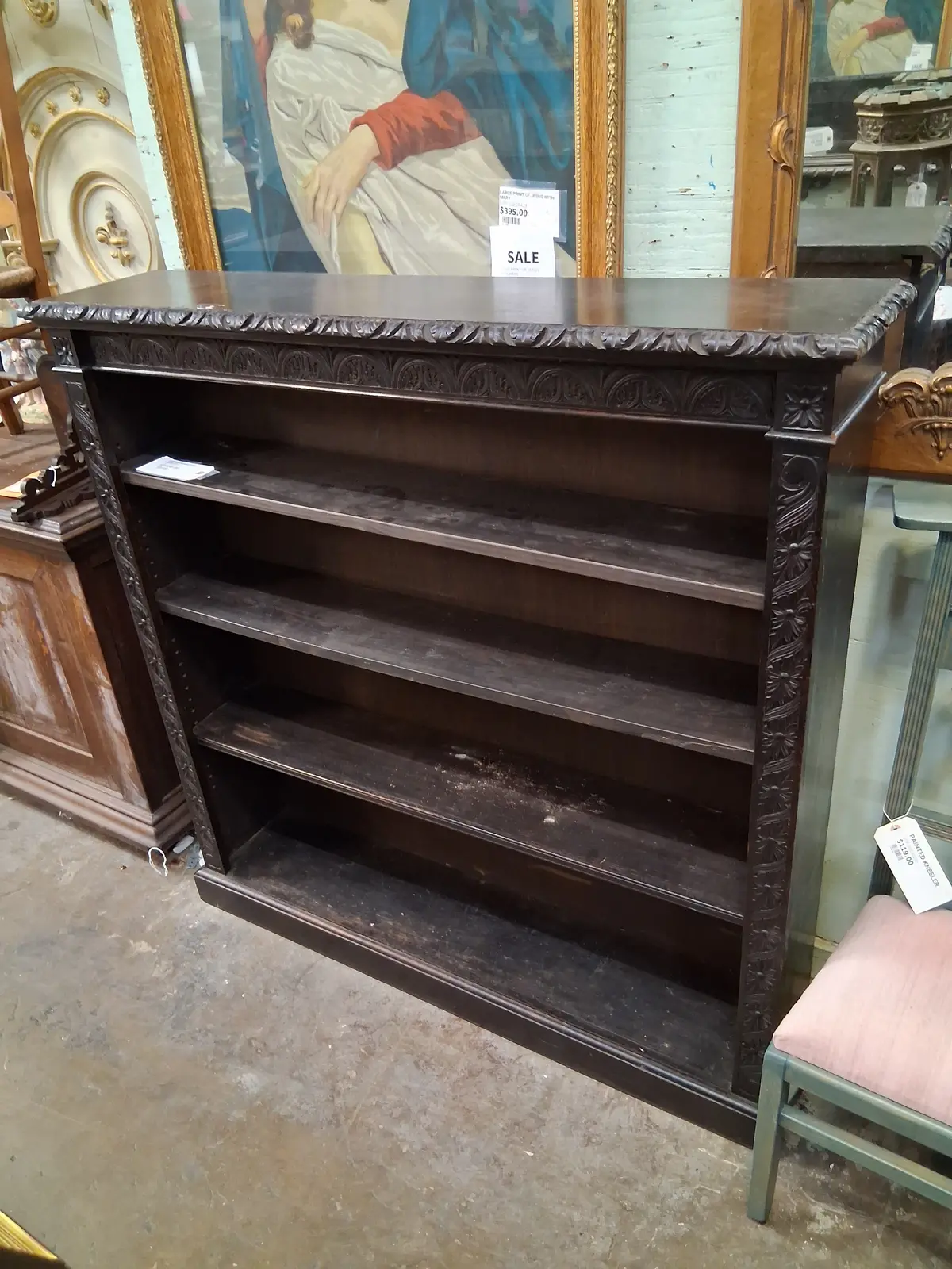 Dark Oak Carved Open Bookcase 1