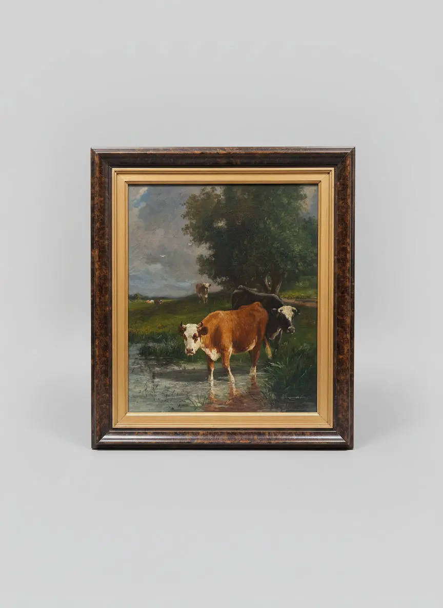 Framed 19Th Century Cows Oil Painting Signed J. Bercum 1
