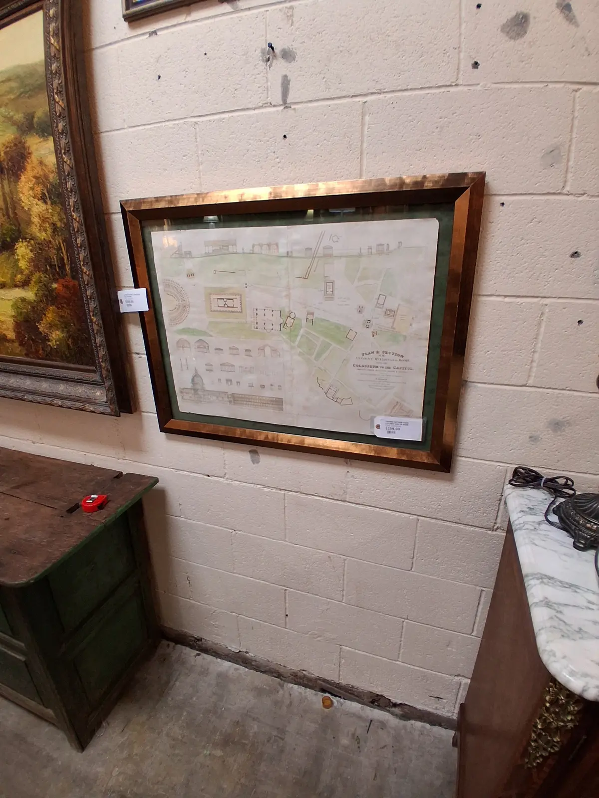 Framed Antique Hand Colored Map Of Rome 1