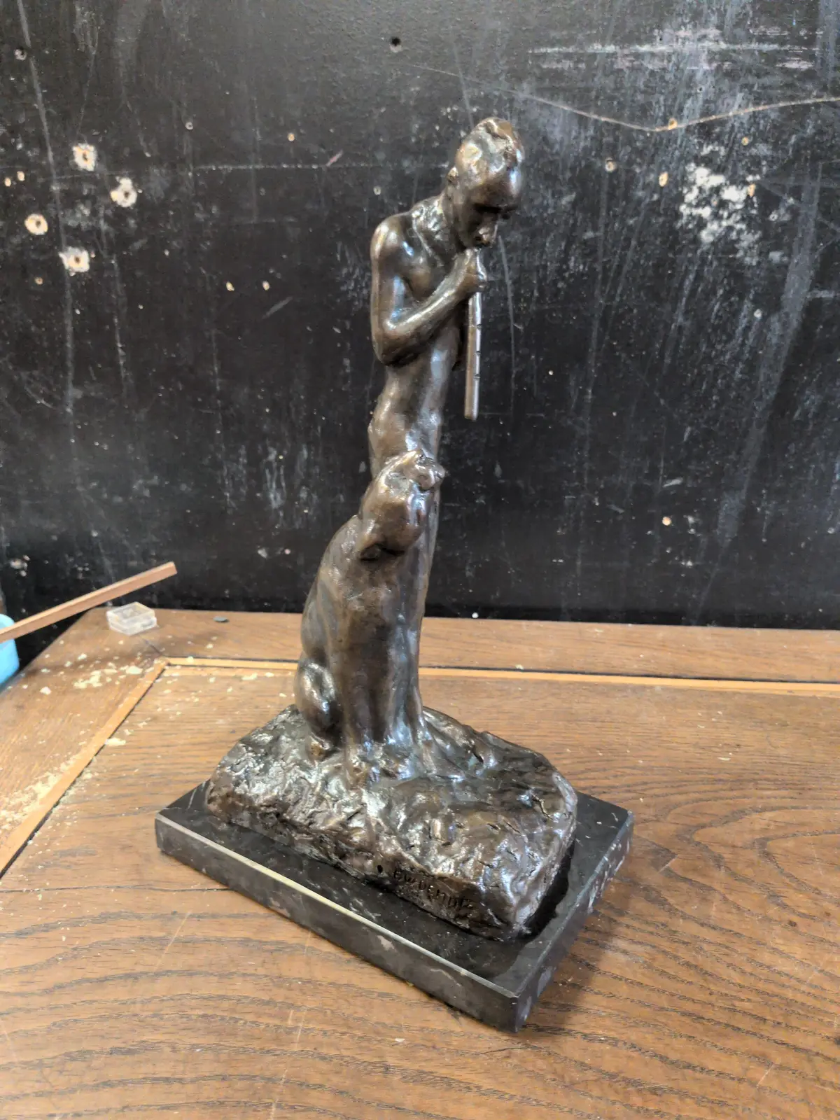Bronze Statue Of An Indian Flute Player With Mountain Lion Signed Edwin Deming 38 Of 100 1