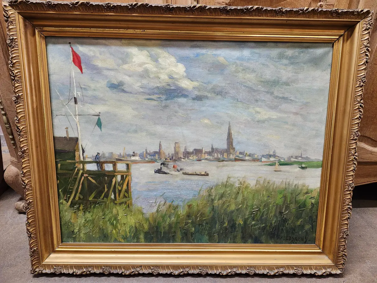 Framed  Antique Harbor Scene Oil Painting On Canvas 1