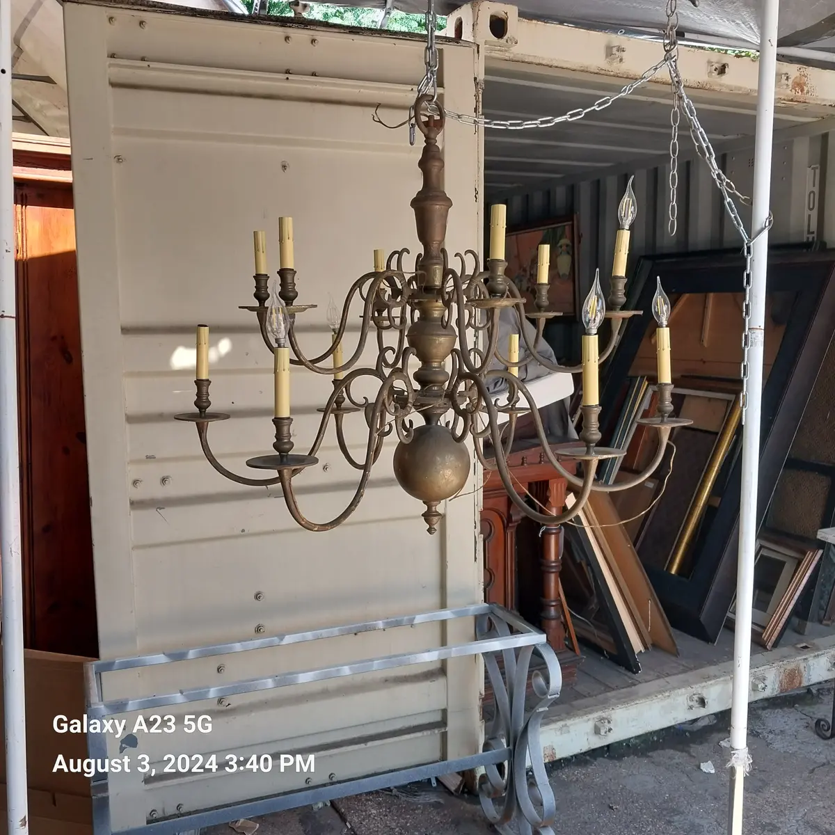 Large 12 Arm Brass Chandelier With Sphere 1