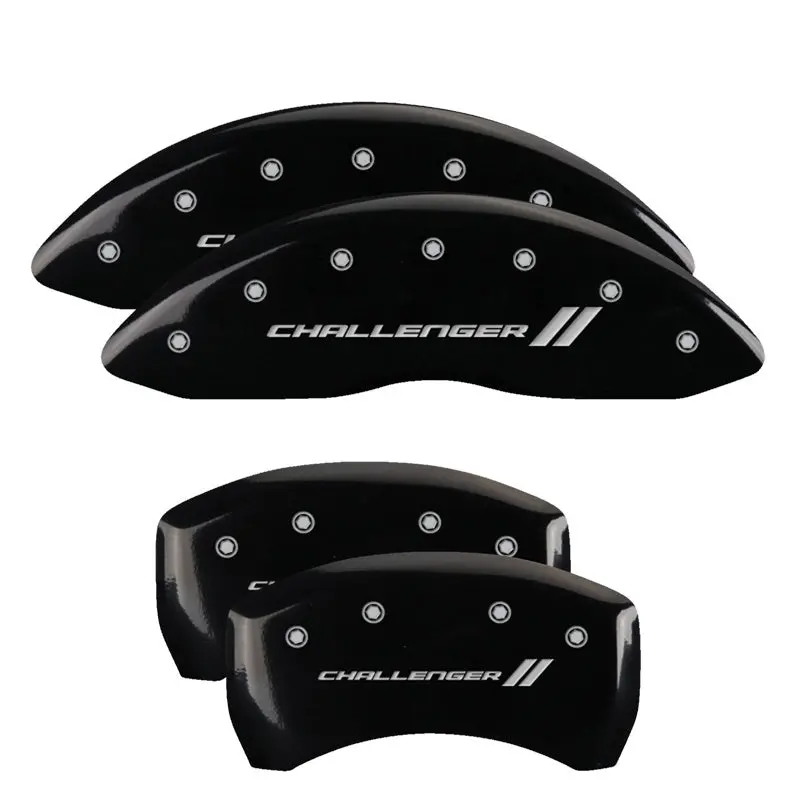 Mgp Engraved 4-Piston Caliper Covers For Dodge Challenger – Front And Rear, Black Base With Silver Stripes 1
