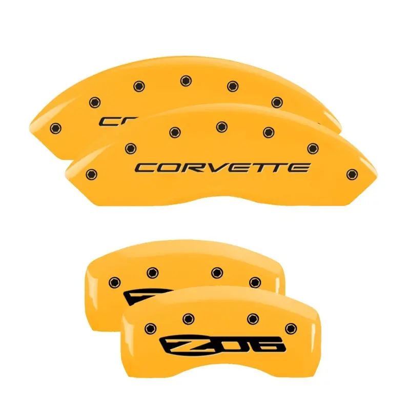 Mgp Engraved 4-Piston Caliper Covers For C5 Corvette – Front And Rear, Yellow Finish With Black Chrome Accents 1