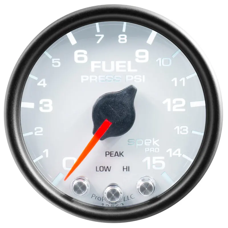 Autometer Spek-Pro Fuel Pressure Gauge – 2-1/16", 15 Psi Range, Stepper Motor, White/Black Dial With Peak Hold & Warning 1